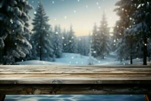 AI generated Empty Winter wood plank board Table With Snowfall AI Generated photo