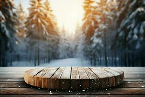 AI generated Empty Winter wood plank board Table With Snowfall AI Generated photo