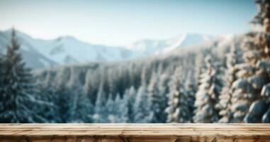 ai generado vacío invierno madera tablón tablero mesa con nevada ai generado foto