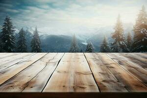 AI generated Empty Winter wood plank board Table With Snowfall AI Generated photo