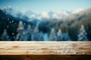 AI generated Empty Winter wood plank board Table With Snowfall AI Generated photo