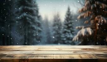 AI generated Empty Winter wood plank board Table With Snowfall AI Generated photo