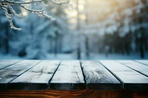 AI generated Empty Winter wood plank board Table With Snowfall AI Generated photo