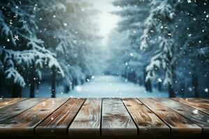 AI generated Empty Winter wood plank board Table With Snowfall AI Generated photo