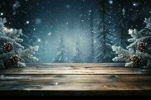 AI generated Empty Winter wood plank board Table With Snowfall AI Generated photo