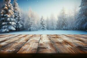 AI generated Empty Winter wood plank board Table With Snowfall AI Generated photo