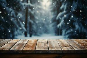 AI generated Empty Winter wood plank board Table With Snowfall AI Generated photo