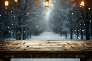 AI generated Empty Winter wood plank board Table With Snowfall AI Generated photo