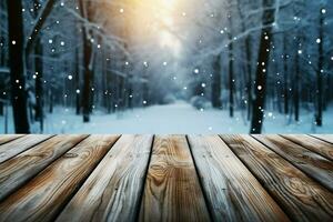 AI generated Empty Winter wood plank board Table With Snowfall AI Generated photo