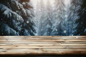 AI generated Empty Winter wood plank board Table With Snowfall AI Generated photo