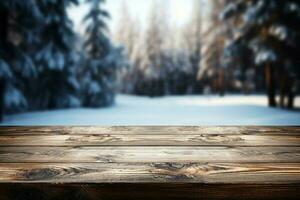 AI generated Empty Winter wood plank board Table With Snowfall AI Generated photo