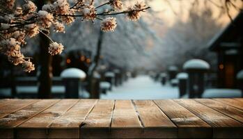 AI generated Empty Winter wood plank board Table With Snowfall AI Generated photo