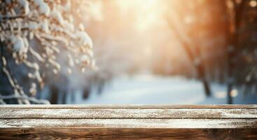 AI generated Empty Winter wood plank board Table With Snowfall AI Generated photo