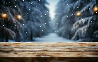 AI generated Empty Winter wood plank board Table With Snowfall AI Generated photo