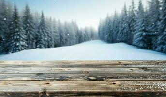 AI generated Empty Winter wood plank board Table With Snowfall AI Generated photo