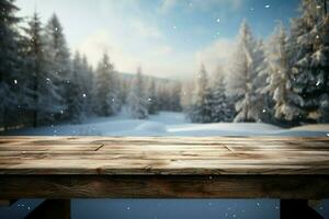 AI generated Empty Winter wood plank board Table With Snowfall AI Generated photo