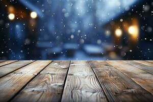 AI generated Empty Winter wood plank board Table With Snowfall AI Generated photo