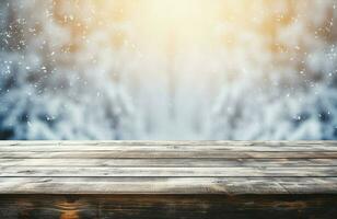 AI generated Empty Winter wood plank board Table With Snowfall AI Generated photo