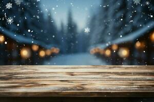 AI generated Empty Winter wood plank board Table With Snowfall AI Generated photo