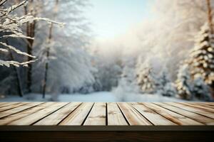 AI generated Empty Winter wood plank board Table With Snowfall AI Generated photo