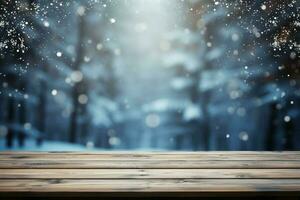 AI generated Empty Winter wood plank board Table With Snowfall AI Generated photo