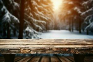 AI generated Empty Winter wood plank board Table With Snowfall AI Generated photo