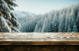 AI generated Empty Winter wood plank board Table With Snowfall AI Generated photo