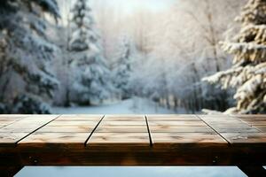 AI generated Empty Winter wood plank board Table With Snowfall AI Generated photo