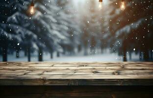 AI generated Empty Winter wood plank board Table With Snowfall AI Generated photo