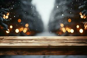 AI generated Empty Winter wood plank board Table With Snowfall AI Generated photo