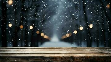 AI generated Empty Winter wood plank board Table With Snowfall AI Generated photo