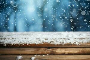 AI generated Empty Winter wood plank board Table With Snowfall AI Generated photo