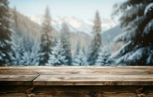 AI generated Empty Winter wood plank board Table With Snowfall AI Generated photo