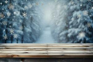 ai generado vacío invierno madera tablón tablero mesa con nevada ai generado foto