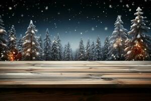 AI generated Empty Winter wood plank board Table With Snowfall AI Generated photo