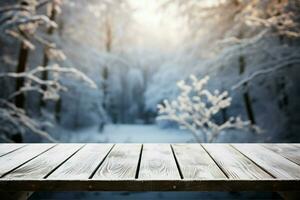 AI generated Empty Winter wood plank board Table With Snowfall AI Generated photo