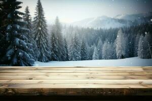 AI generated Empty Winter wood plank board Table With Snowfall AI Generated photo