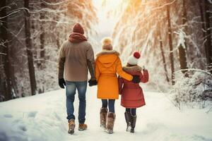 AI generated Rear view of family in winter vacation snowy AI Generated photo