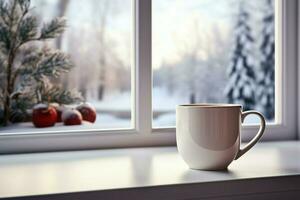 ai generado taza de té o café jarra en mesa cerca ventana invierno Días festivos ai generado foto