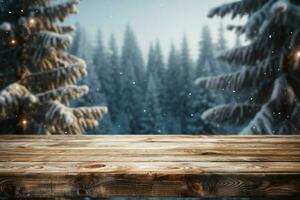 AI generated Empty Winter wood plank board Table With Snowfall AI Generated photo