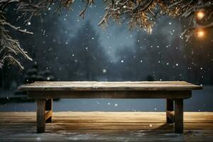AI generated Empty Winter wood plank board Table With Snowfall AI Generated photo