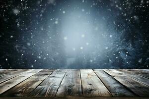 AI generated Empty Winter wood plank board Table With Snowfall AI Generated photo