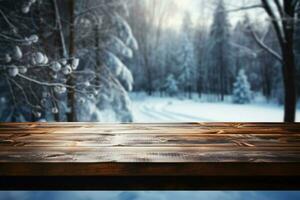 AI generated Empty Winter wood plank board Table With Snowfall AI Generated photo