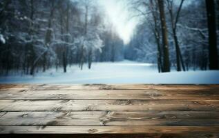 AI generated Empty Winter wood plank board Table With Snowfall AI Generated photo