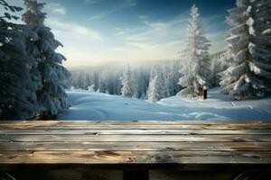 AI generated Empty Winter wood plank board Table With Snowfall AI Generated photo