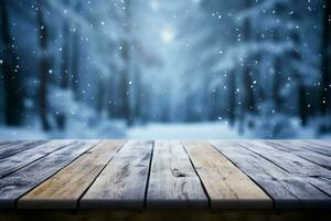 AI generated Empty Winter wood plank board Table With Snowfall AI Generated photo
