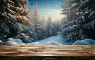 AI generated Empty Winter wood plank board Table With Snowfall AI Generated photo
