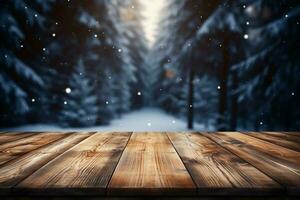 AI generated Empty Winter wood plank board Table With Snowfall AI Generated photo