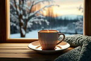 ai generado taza de té o café jarra en mesa cerca ventana invierno Días festivos ai generado foto