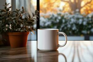 ai generado taza de té o café jarra en mesa cerca ventana invierno Días festivos ai generado foto